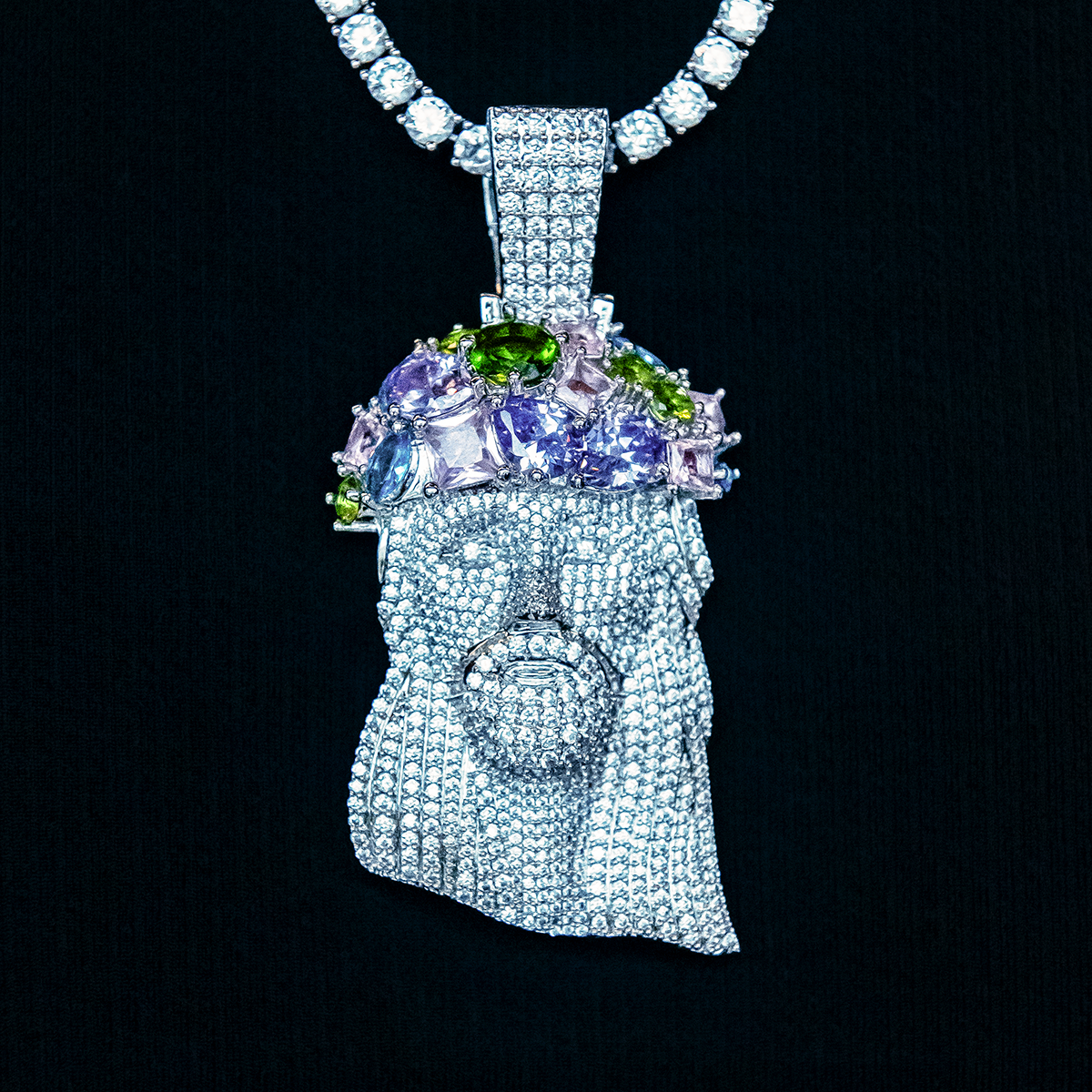 Diamond Portrait of Jesus Pendant with Royal Stones Gold