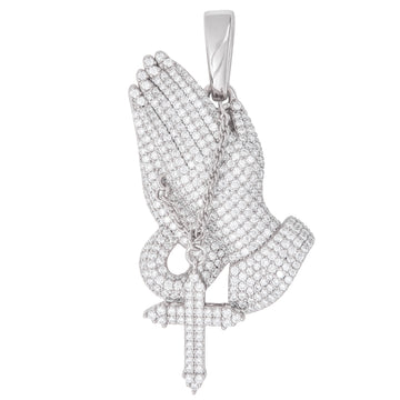 Colgante de moissanita con manos orando para mujer en vermeil de oro blanco