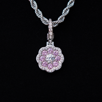 Colgante de pinza con piedra de flor rosa - Oro blanco