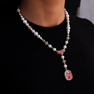 Pearl Ruby Gemstone Lariat Necklace in Yellow Gold