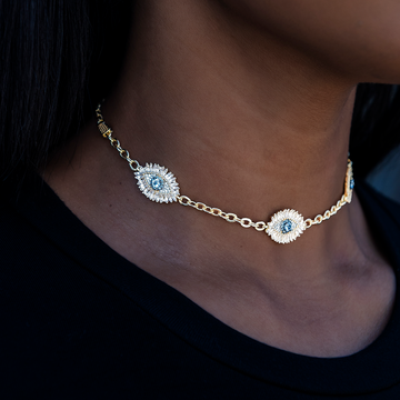 Iced Evil Eye Necklace in Yellow Gold