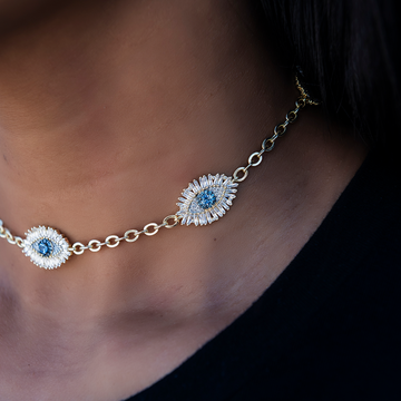 Iced Evil Eye Necklace in Yellow Gold