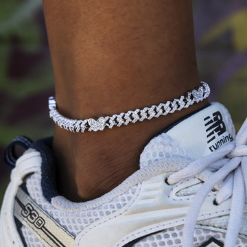 Butterfly Diamond Prong Cuban Anklet in White Gold