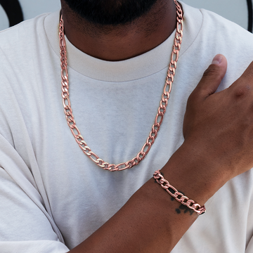 Cadena Fígaro + Pulsera en Oro Rosa - 6mm