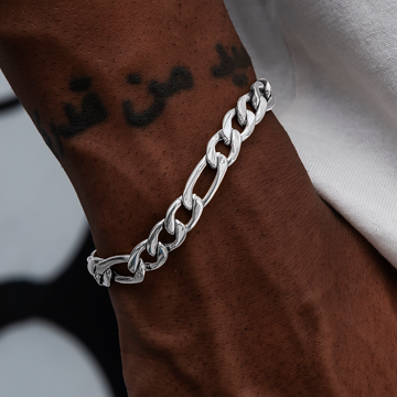 Figaro Chain Bracelet in White Gold- 9mm
