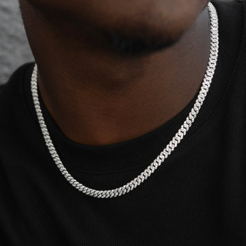 Men's 6MM Micro Diamond Prong Moissanite Cuban Chain Necklace in White Gold Vermeil
