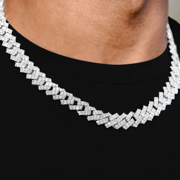 Cadena Cubana con Engaste de Baguettes en Oro Blanco - 12mm