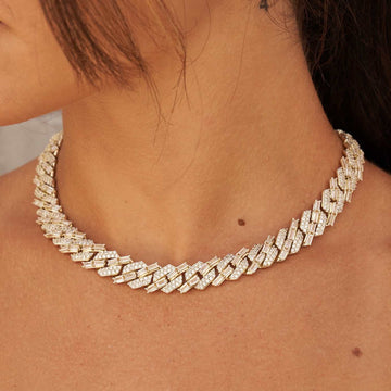 12mm Mixed Stone Diamond Cuban Necklace - Yellow Gold