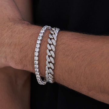 Paquete de pulseras de oro blanco: Cuban Link de diamante de 12 mm + tenis de 5 mm