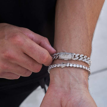 Paquete de pulseras de oro blanco: Cuban Link de diamante de 12 mm + tenis de 5 mm