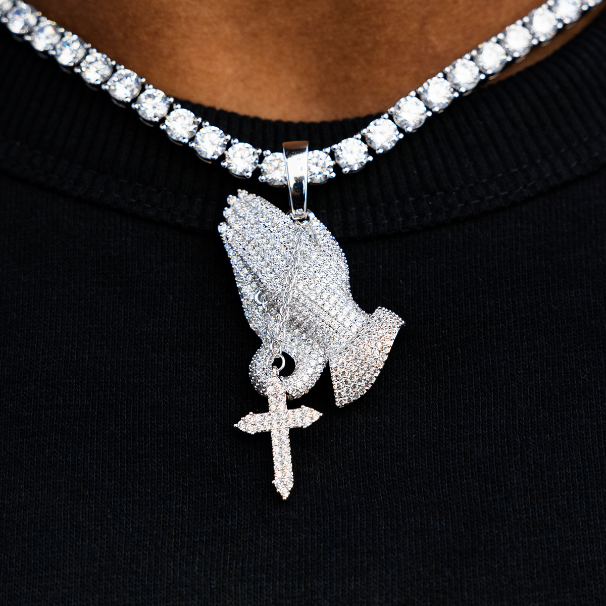 Iced Praying Hands with Cross Pendant in White Gold - The GLD Shop