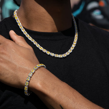 Iced Canary Cushion Cut Tennis Chain + Bracelet Bundle in White Gold - 7MM