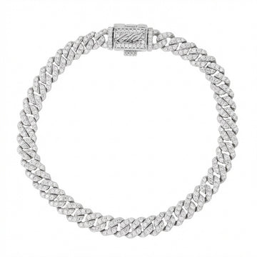 Pulsera Cubana de Moissanita con Micro Diamantes Engastados de 6 mm para Hombre en Vermeil de Oro Blanco