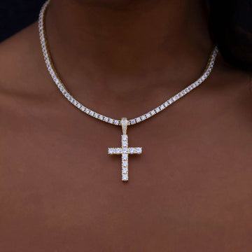 Collares de tenis de diamantes y cubanos de diamantes + Conjunto de cruz de diamantes en oro amarillo