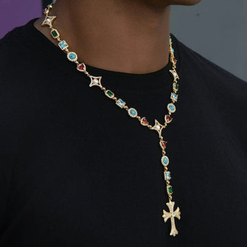 Collar de cadena de rosario de perlas y piedras preciosas de colores en oro amarillo