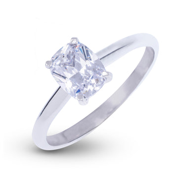 Anillo de compromiso con diamante de laboratorio de una piedra de talla cojín alargada en oro blanco macizo