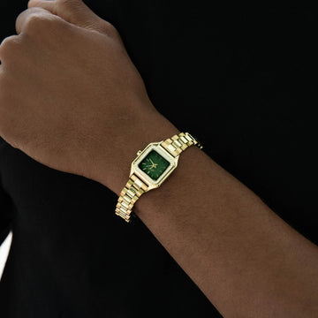 30MM Ethereal Iced Green Dial Band Watch - Yellow Gold