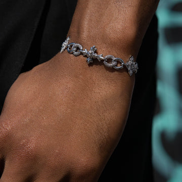 Iced Cruciform Flower Skull Cross Bracelet in White Gold