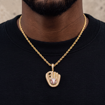 Iced Baseball Pendant + 2mm Rope Chain Bundle In Yellow Gold