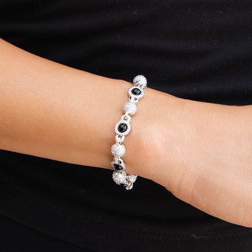 Iced Black Pearl Ball Chain Bracelet in White Gold