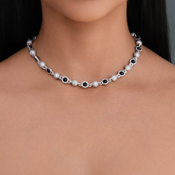 Iced Black Pearl Ball Chain Necklace in White Gold