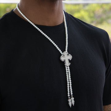 Cadena Bolo con Perla y Cruz Helada en Oro Blanco