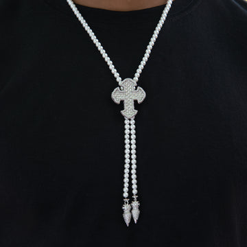 Cadena Bolo con Perla y Cruz Helada en Oro Blanco