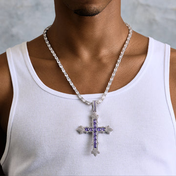 Large Iced Purple Baguette Cross Pendant in White Gold