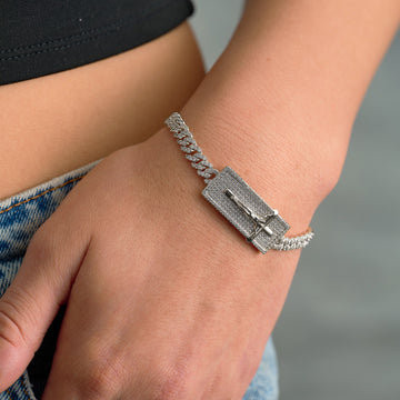Iced Crucifix Cross Plate Bracelet in White Gold