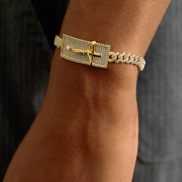 Pulsera Placa Cruz Crucifijo con Circonitas en Oro Amarillo