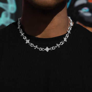 Iced Cruciform Flower Skull Cross Chain in White Gold