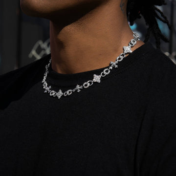 Iced Cruciform Flower Skull Cross Chain in White Gold