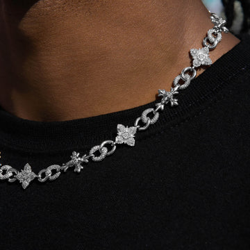 Iced Cruciform Flower Skull Cross Chain in White Gold
