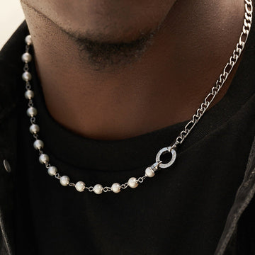 Figaro Link + Pearl Chain in White Gold