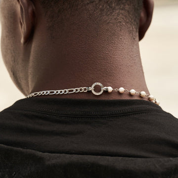 Figaro Link + Pearl Chain in White Gold