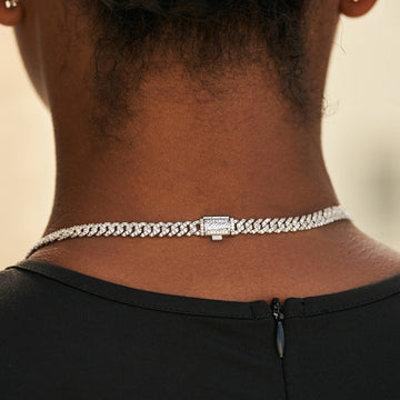 Women's 6MM Micro Diamond Prong Moissanite Cuban Chain Necklace in White Gold Vermeil