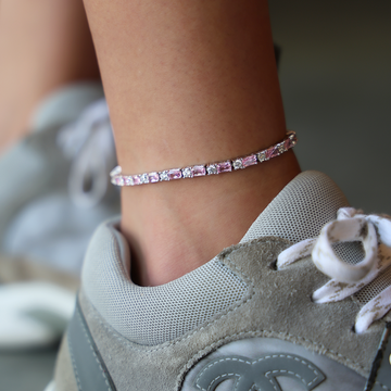 Tobillera de tenis con diamantes baguette rosas