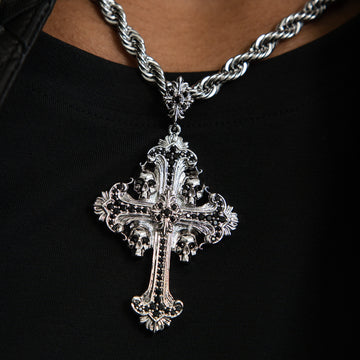 Medieval Cross Black Stones Pendant in White Gold