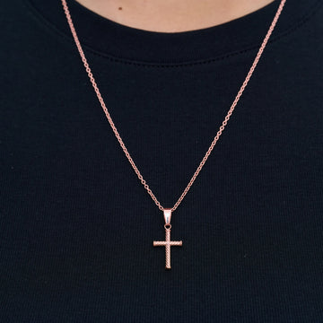 Dije de Cruz de Cuerda Trenzada Micro en Oro Rosa