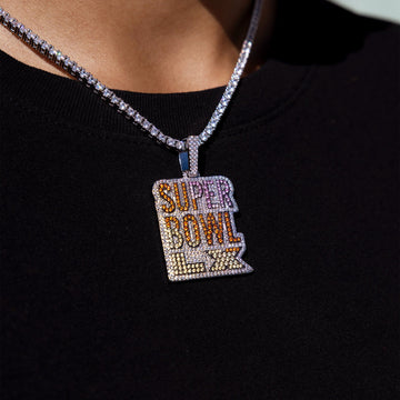 Iced 2026 Pink Ombre Stacked Super Bowl LX Official NFL Wordmark Pendant in White Gold