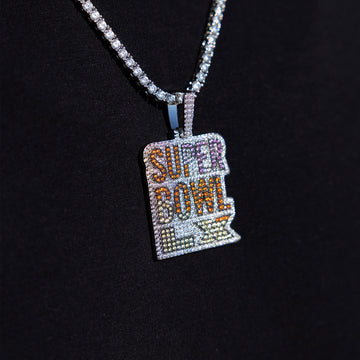 Iced 2026 Pink Ombre Stacked Super Bowl LX Official NFL Wordmark Pendant in White Gold
