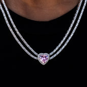 Collar tenis de doble fila con diamantes de corazón rosa en oro blanco
