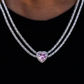 Pink Heart Diamond Double Row Tennis Necklace in White Gold