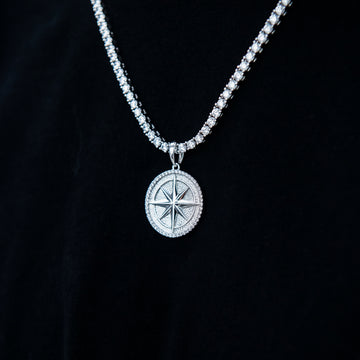 Compass Coin Pendant in White Gold