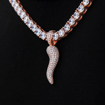 Iced Italian Horn Pendant in Rose Gold