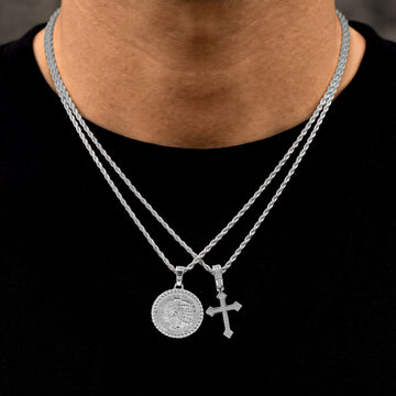Micro Iced Celtic Cross and GLD Chief Coin Pendant Set in White Gold