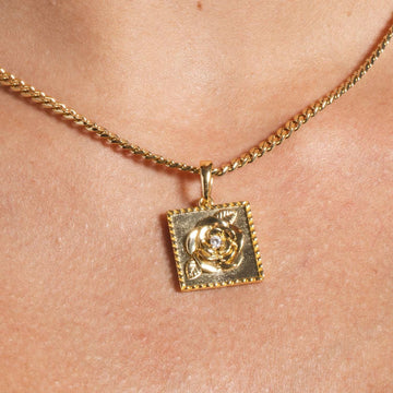 Embedded Rose Square Coin Pendant in Yellow Gold