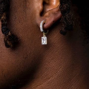 Iced Baguette Drop Hoop Huggie Earring - Yellow Gold