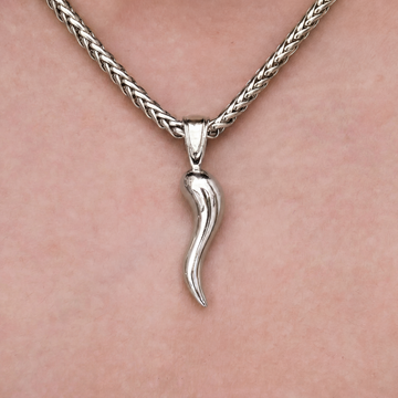 Italian Horn Pendant + 4MM Palm Necklace Bundle in White Gold