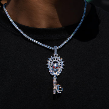 Large Iced Skull Key Pendant in White Gold